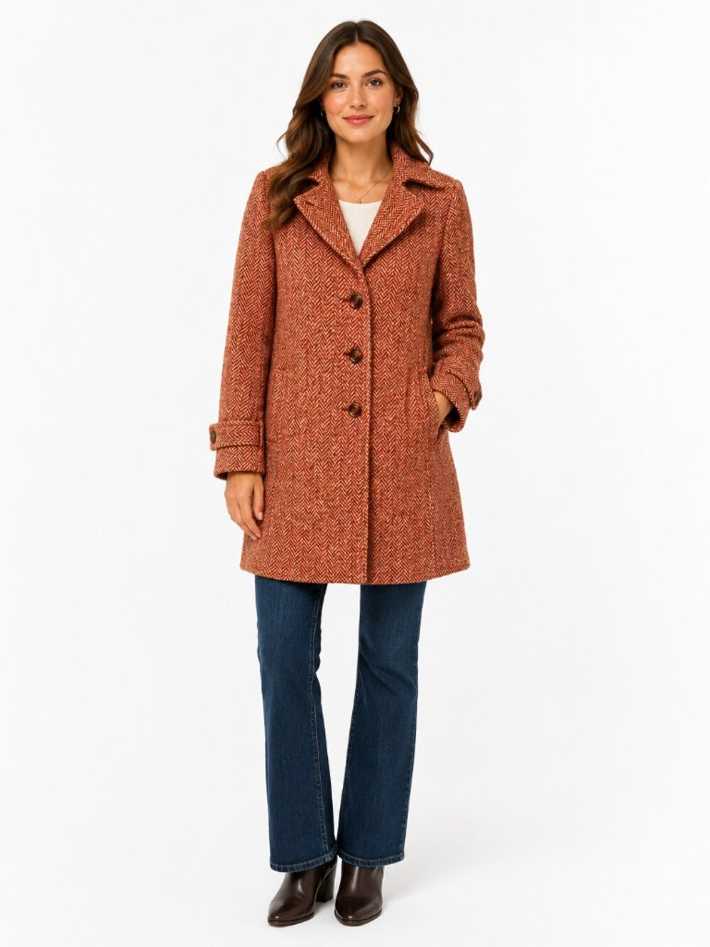 Cabi Rust Pink Herringbone Tweed Wool Blend Pea Coat - Size 8